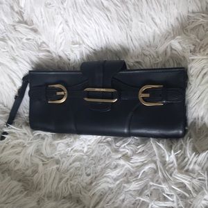 Jimmy Choo Black Leather Tulita Clutch Gold Buckle